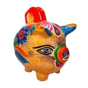 Vtg Talavera Mexican Folk Art Pottery Piggy Pig Animal Bank Figure Handmade Boho